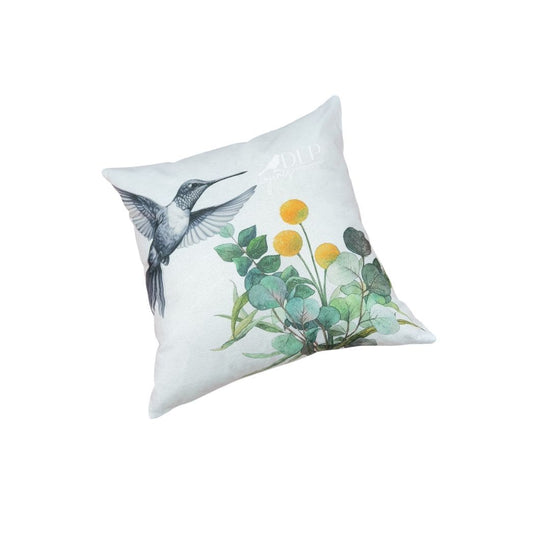 Funda de Cojin Estampada Colibri Blanco y Negro Ramas de Colores