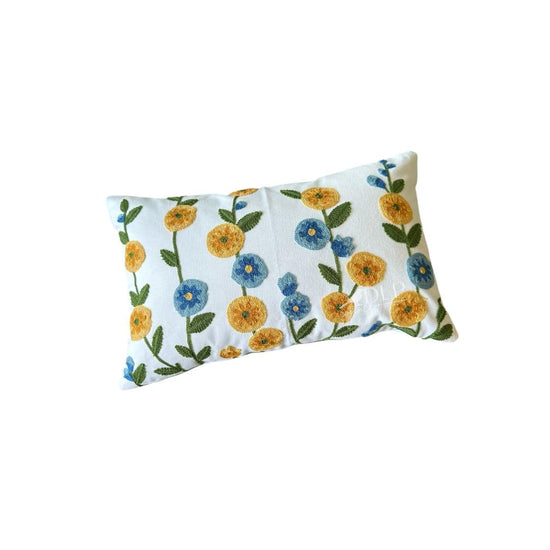 Funda de Cojin Bordado Flores Amarillas y Azules Rectangular